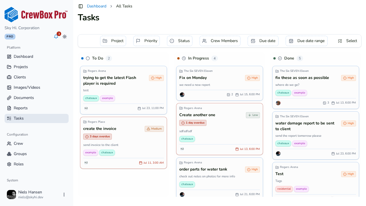 The task Kanban board in the CrewBox web console